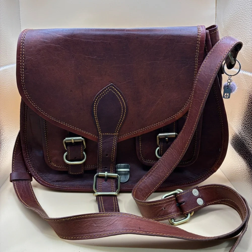 Firu Womens Satchel Medium Leather Brown Boho Crossbody Messenger Bag